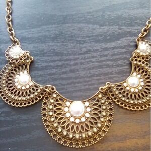 Antique Gold Tone Filigree Bib Pendant, Bohemian Statement Piece